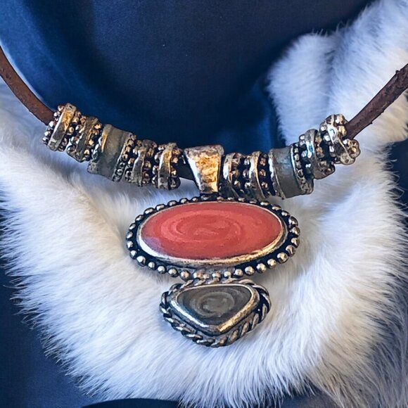 KC Necklace Pendant Cord Vintage Silver Plated Two Gemstones Signed Extender - Picture 3 of 11